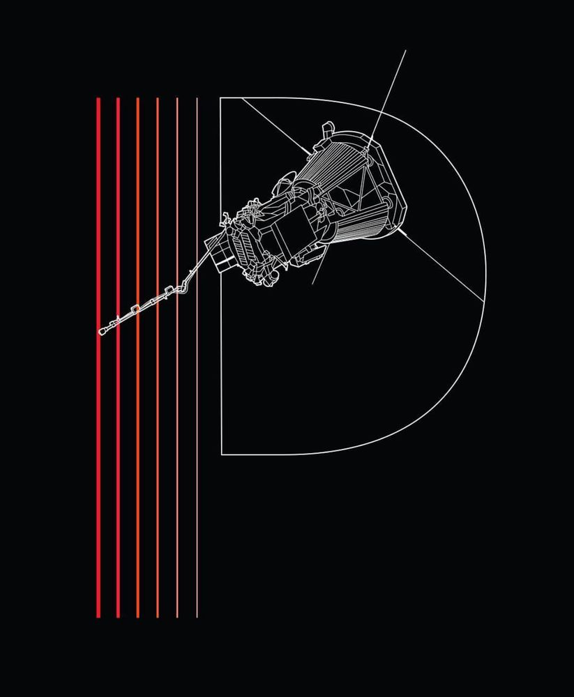Simplified illustration of the letter P in shades of red, orange, and white. With a white linear illustration of the Parker Solar Probe spacecraft over it. All over a black background. 