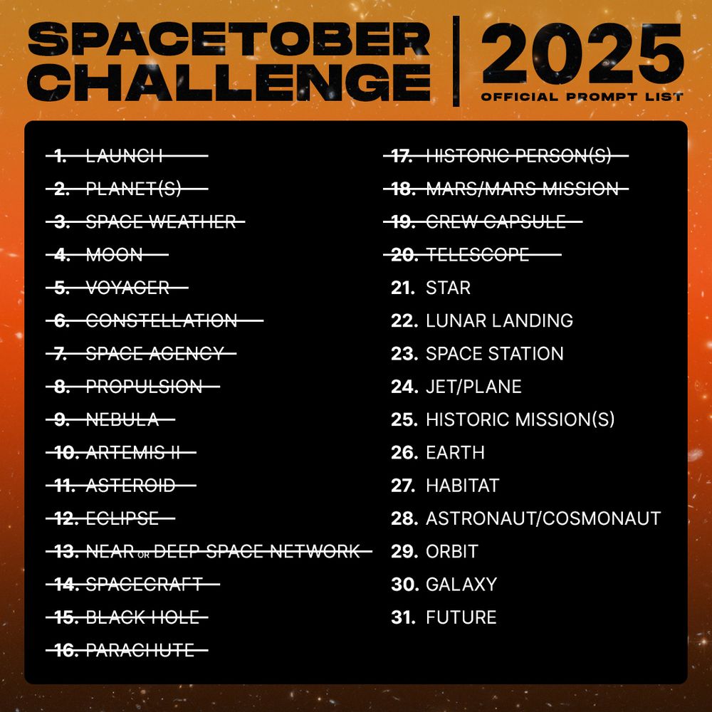 Graphic showing the Spacetober challenge prompt list for 2025. The background is an orange gradient with a black box on top, with the number of each day and the corresponding prompt for each in white text on top. 1: Launch, 2: Planet(s), 3: Space Weather, 4: Moon, 5: Voyager, 6: Constellation, 7: Space Agency, 8: Propulsion, 9: Nebula, 10: Artemis II, 11: Asteroid, 12: Eclipse, 13: Near or Deep Space Network, 14: Spacecraft, 15: Black Hole, 16: Parachute, 17: Historic Person(s), 18: Mars/Mars Mission, 19: Crew Capsule, and 20: Telescope are crossed out. 21: Star, 22: Lunar Landing, 23: Space Station, 24: Jet/Plane, 25: Historic Mission(s), 26: Earth, 27: Habitat, 28: Astronaut/Cosmonaut, 29: Orbit, 30: Galaxy, 31: Future