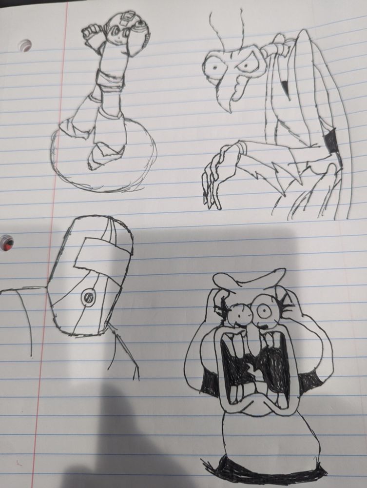 Sketch of MegaMan amigo, peppino, zorak, and military.