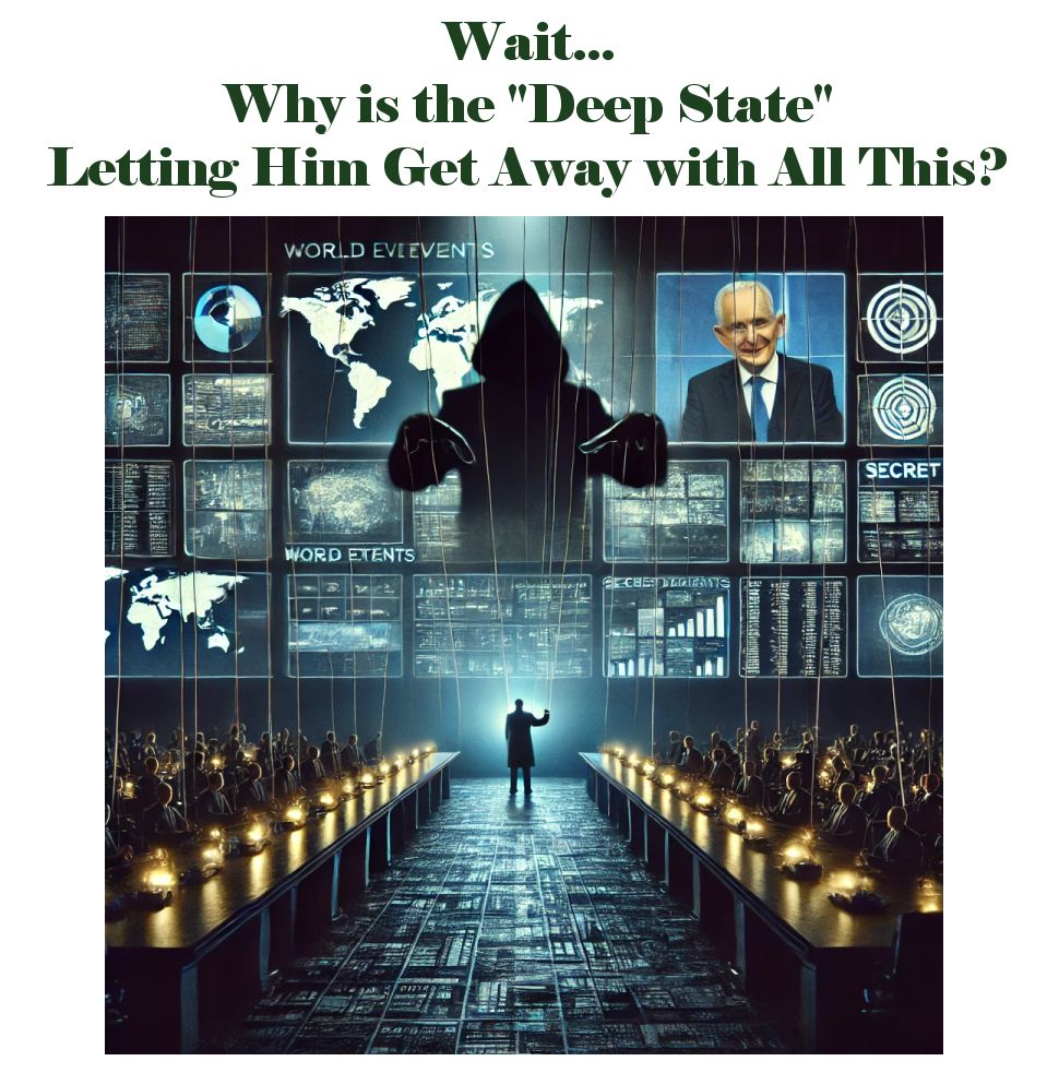 Image of a dark figure holding puppet strings... supposedly representing the alleged "Deep State" that used to be the thorn in Trump's side.