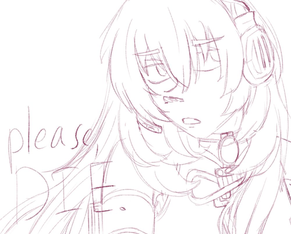 A sketchy drawing. On the right side of the picture stands Megurine Luka, her face expression looks like she is a little mad. On the left side there is a text that says: "please, DIE."