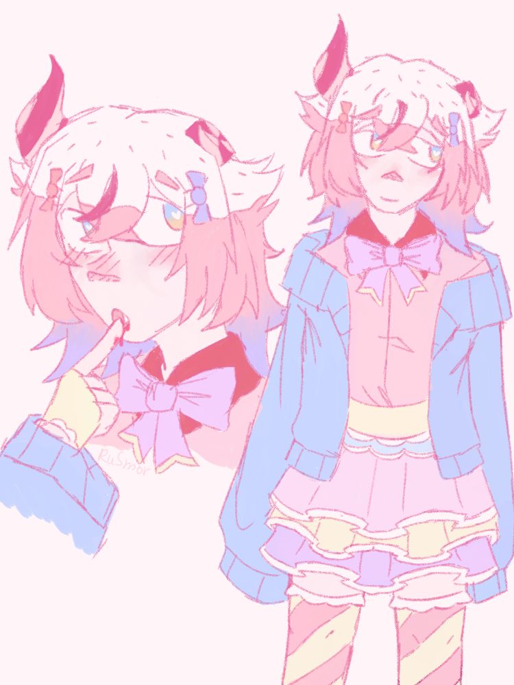 A drawing of Meika Hime with different design from her original one. She has a soft pastel color palette which consist of colors such as pink, light blue, yellow, etc. Her horns are colored like white and red candy canes and her left horn is broken. Her hair is shoulder long. The bottom part of it is light blue, middle part is pink and the top part is white, which looks like a cake with glaze.