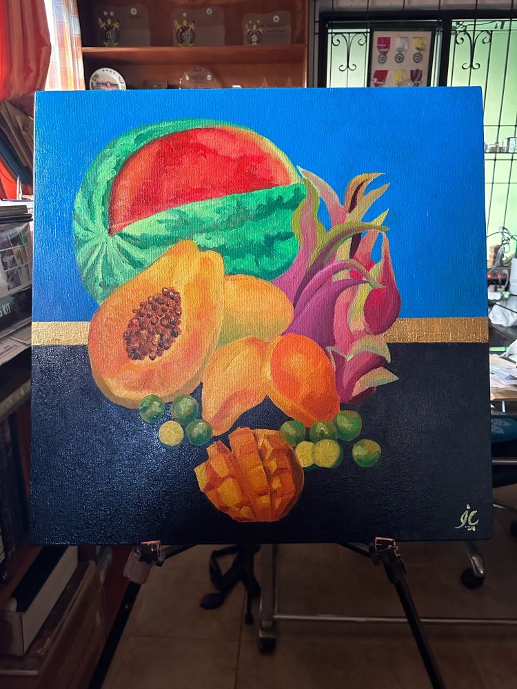 An oil painting of tropical fruits like watermelon, papaya, mango, dragon fruit and calamansi.