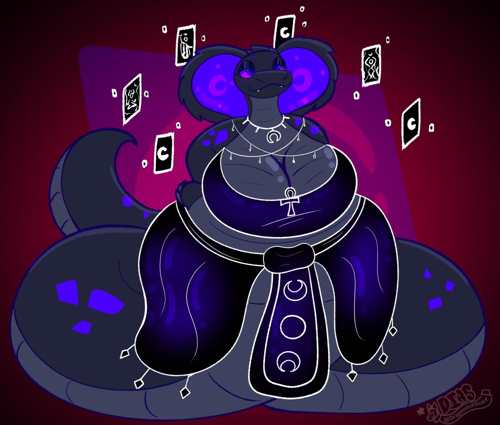Ebony, the shadow genie! An anthro cobra with black and purple scales, and crescent moon patterns in her hood. Her dress is made of pure void, floating around her are tarot themed cards