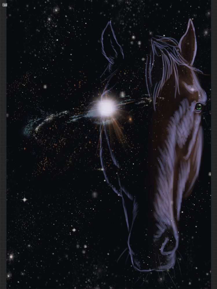 A partially lit portrait of a horse, with a glowing galaxy in the left eye, and stars around it
