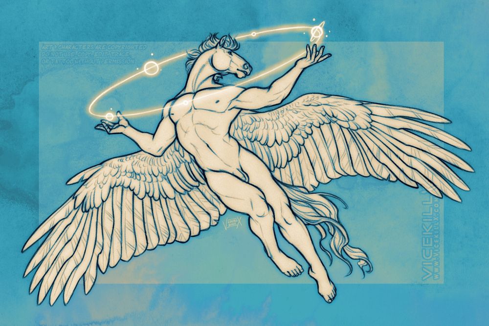 A sketch of a male anthro Pegasus, nude and mid-flight like a classical Greek grown-up cherub, with some astro-magic going between his hands.