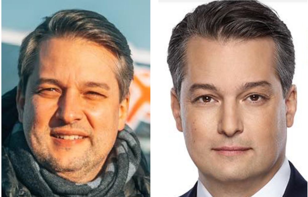 links Nepp im Wahlkampf mit Stoppelbart, dickliches Gesicht
rechts Nepp auf Wahlplakaten: schmales Gesicht, schmälere Lippen, glatte Haut, größere Augen, Haarfarbe weniger grau
