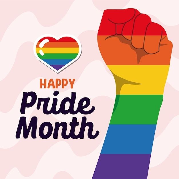 Picture of a heart and a raised fist in rainbow colors next to the text Happy Pride month.