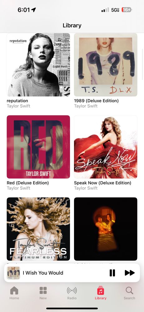 Image of the users Apple Music, featuring the covers of Taylor Swift’s albums Fearless through reputation 