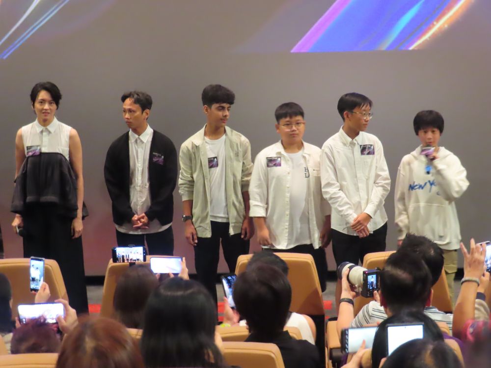 Gigi Leung (far left), director Jill Wong (yes, it's a he) (second from left) and four of the child stars of the movie, who include 2023 Hong Kong Film Awards Best Newcomer awardee Sahal Zaman (third from left).