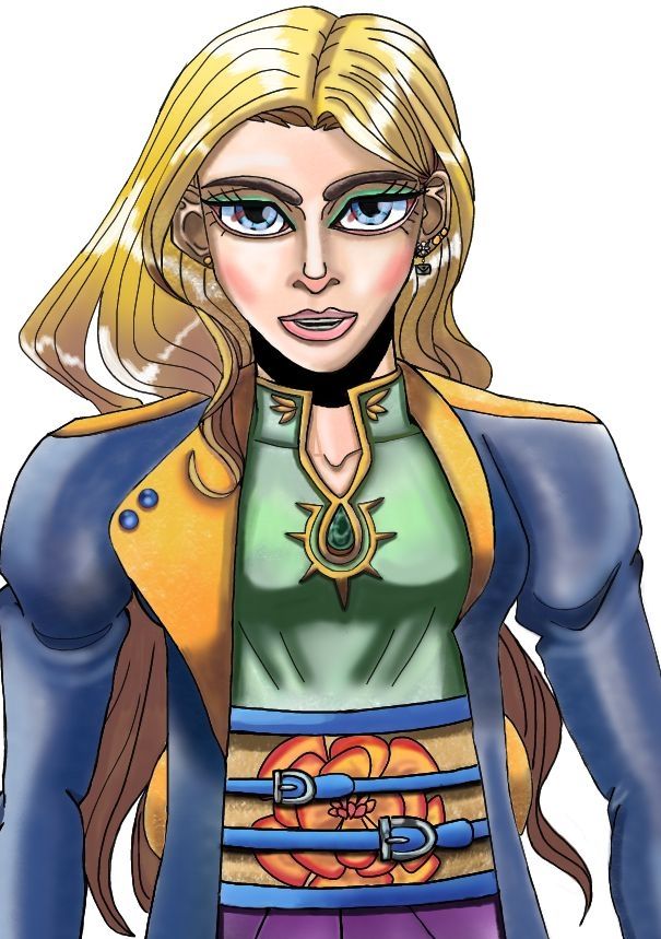 A close up of Marigold's design from the upper body. 