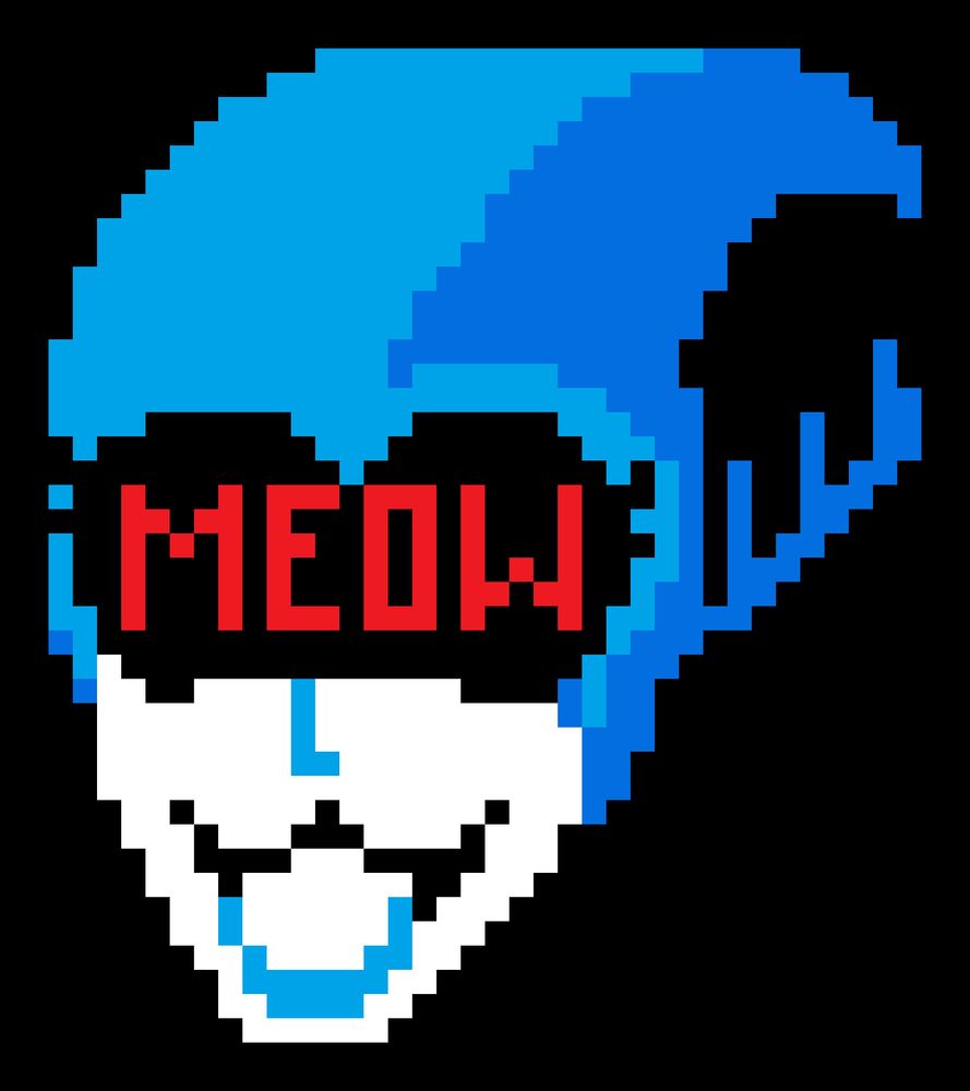 Queen's smiling sprite, edited to have a kitty mouth; her screen says MEOW.