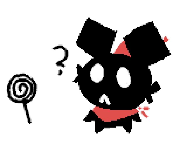 Pompom staring at a floating cartoon lollipop, confused