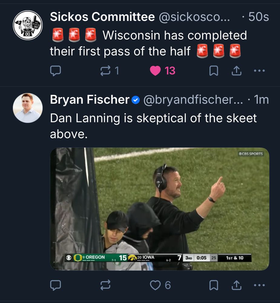 top skeet: Wisconsin has completed their first pass of the half

bottom skeet: dan lanning is skeptical off the skeet above accompanied by photo of lanning pointing up