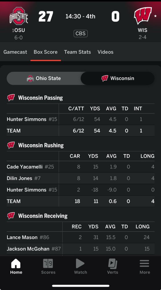 box score showing the badgers leading rusher to be cade yacamelli with 15 yards rushing