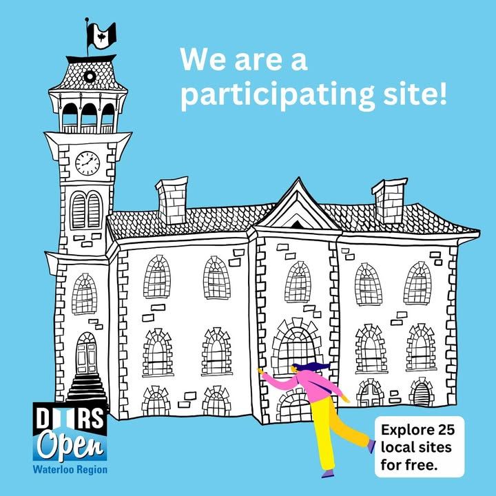 Illustration of a Cambridge City Hall promoting "Doors Open Waterloo Region" as a participating site where 25 local sites can be explored for free. A stylized figure with a pink outfit is painting the building.
