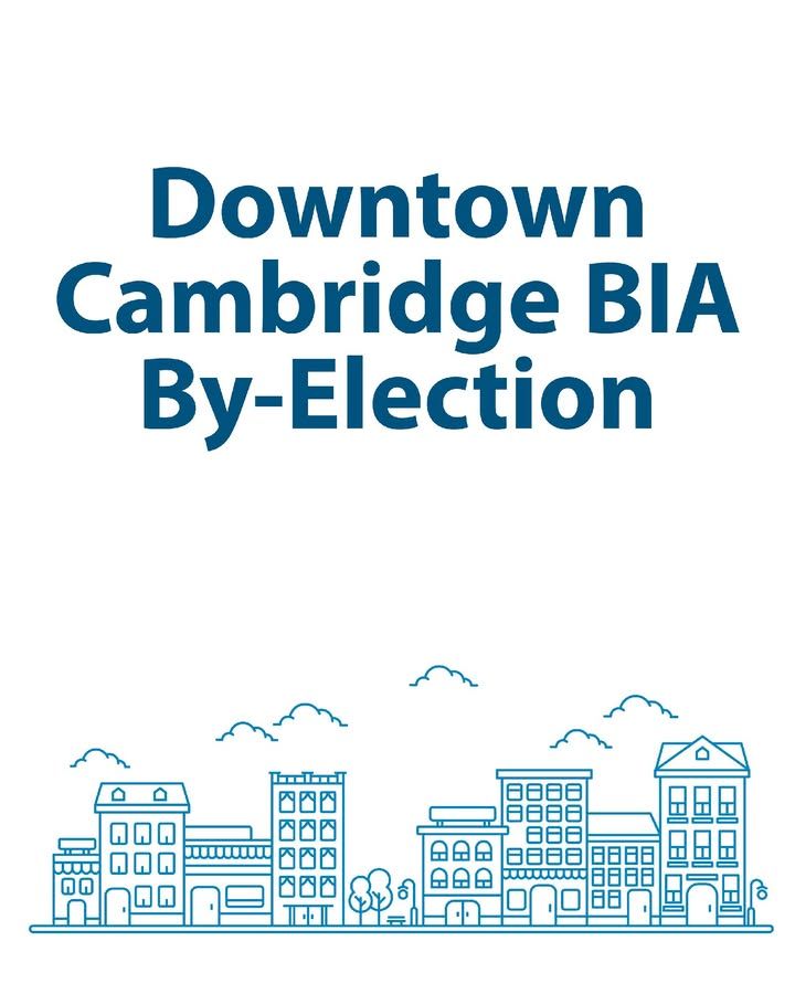 Poster announcing a Downtown Cambridge BIA By-Election with stylized line drawings of city buildings and clouds above the text.