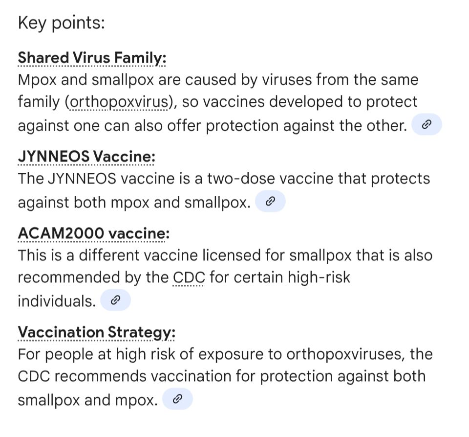Summary of MPox and Smallpox both being from the orthopoxvirus family where 2 vaccines exist for protection against both MPox and Smallpox. 