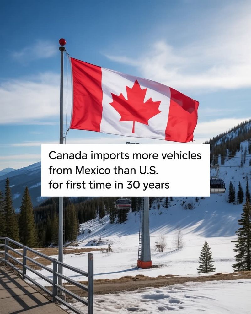 Canadian flag over snowy ski hill with text Canada imports more vehicles from Mexico than the US for the first time in 30 years 
