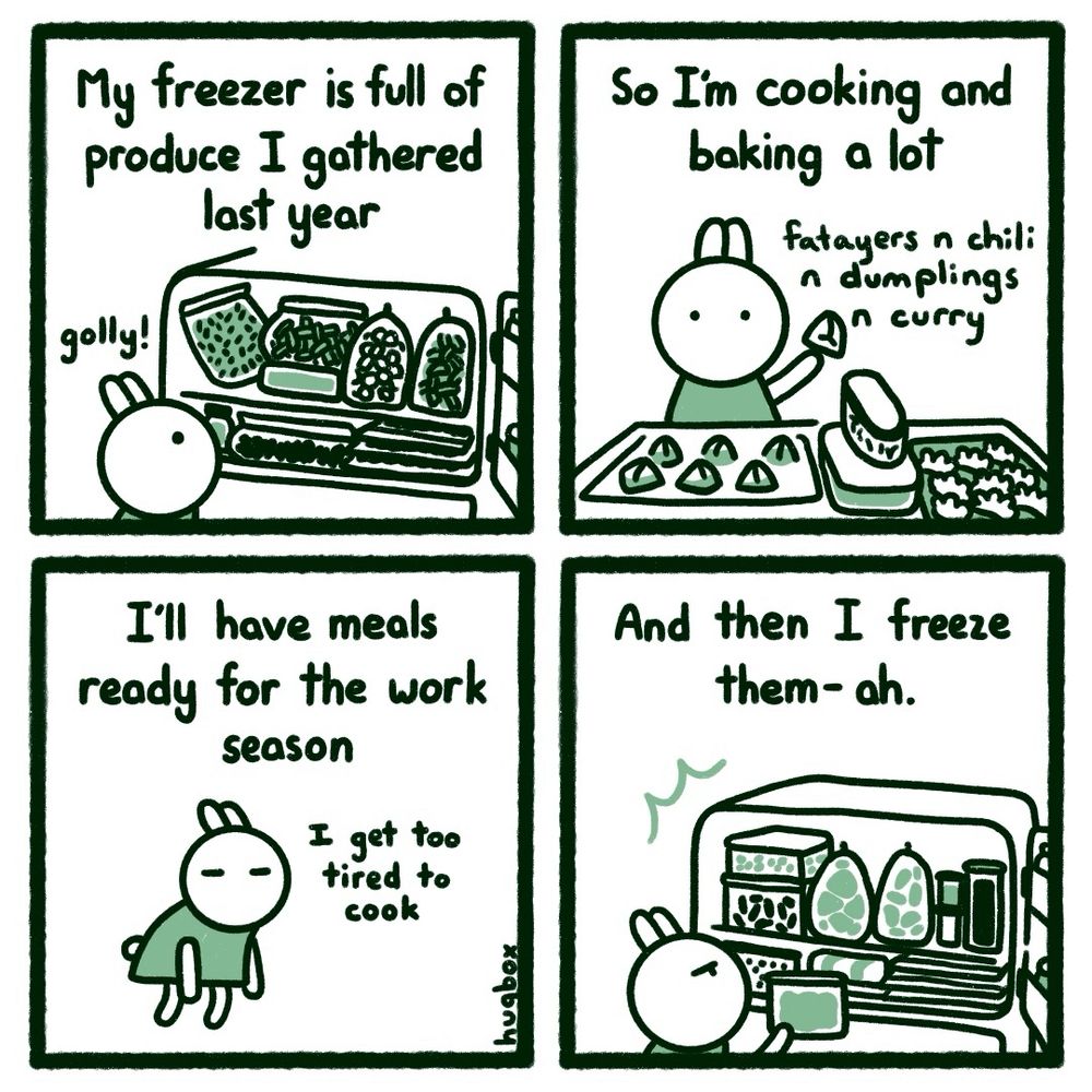 A four panel comic in white, dark & lighter green. About food storage, sorta