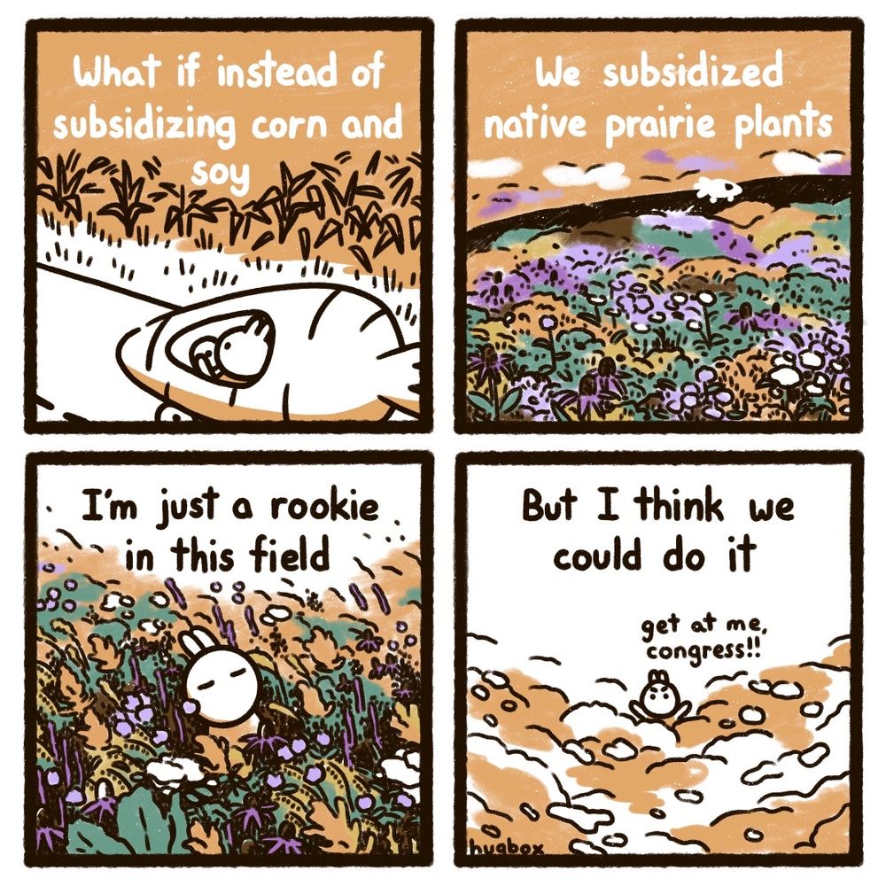 Comic text:

What if instead of subsidizing corn and soy
We subsidized native prairie plants
I’m just a rookie in this field
But I think we could do it
(Get at me, congress!)
