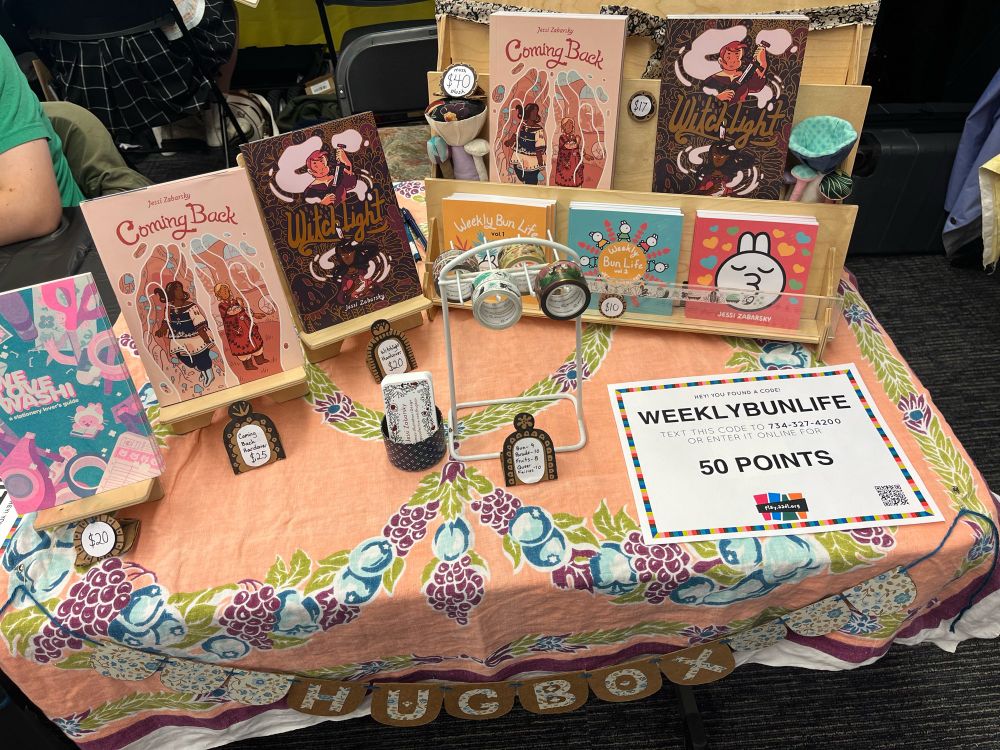 A photo of my comics and etc, displayed on a table