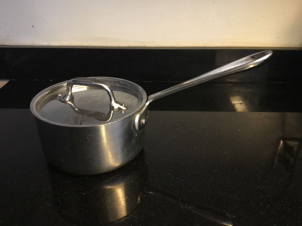 A stainless steel saucepan.
