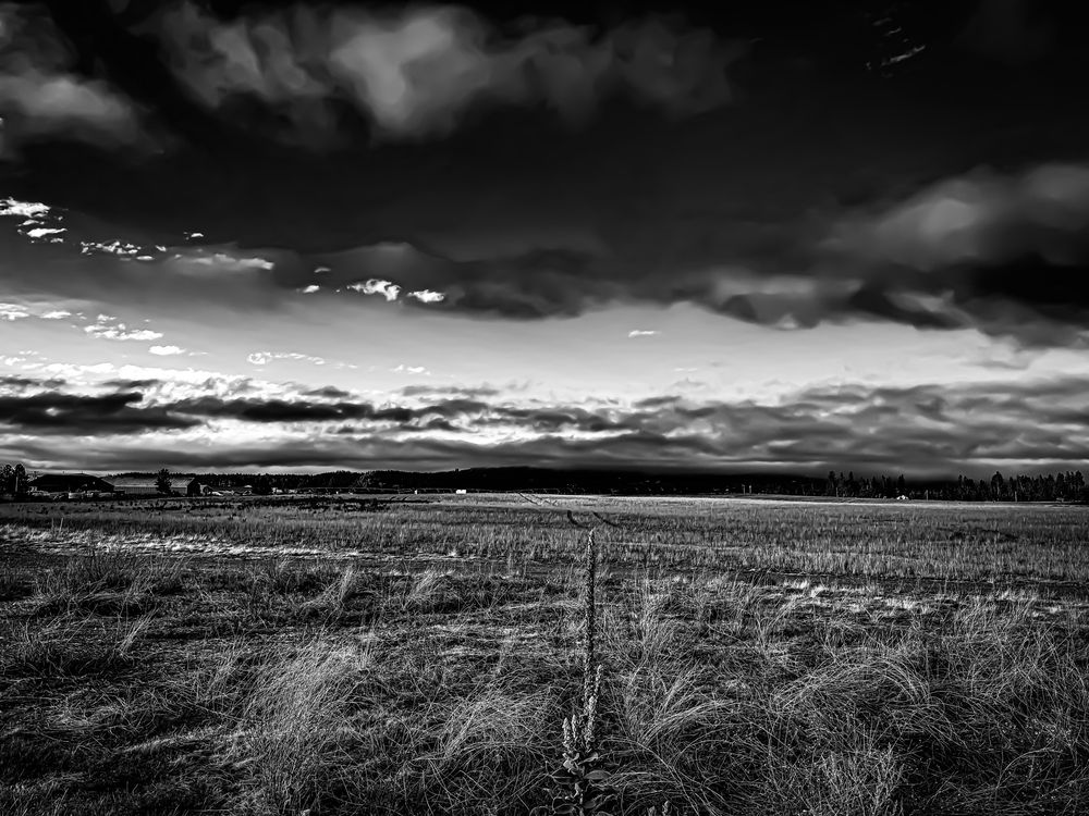 Black and white photo of skies over prairie, Coeur d'Alene, Idaho 