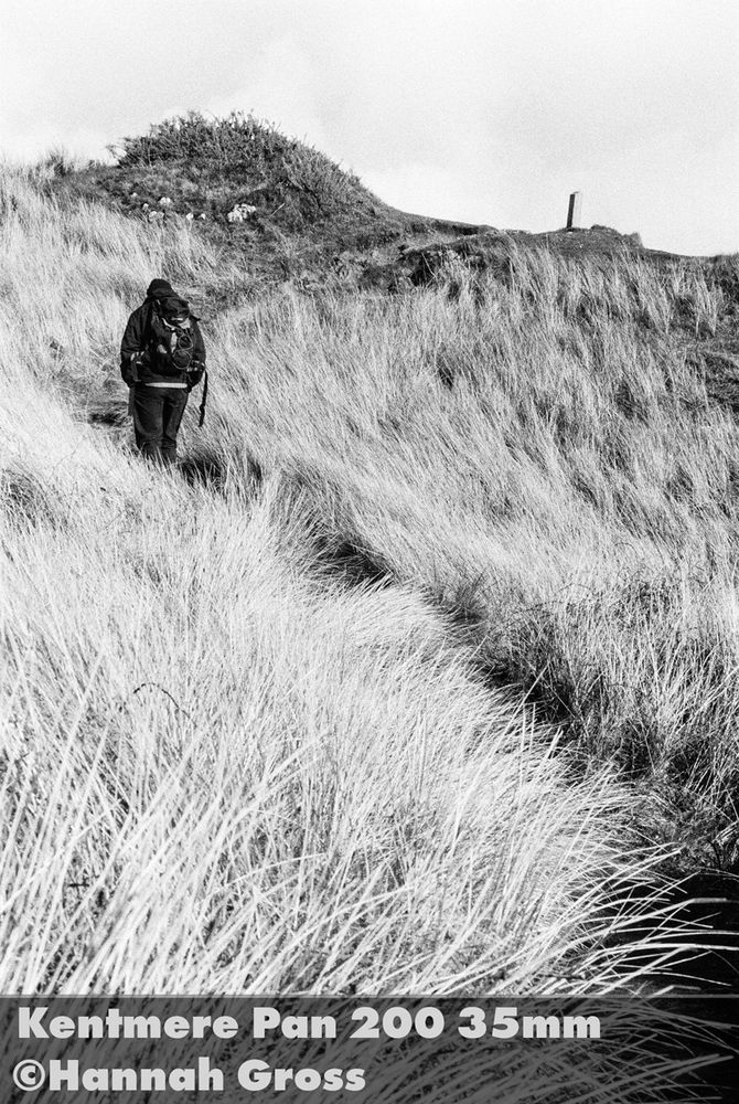 Image of a lone hiker walking up a grassy mountain path. Shot on Kentmere PAN 400 film by Hannah Gross