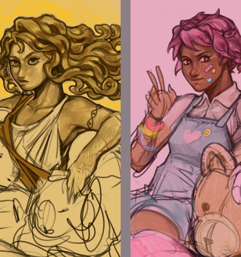 (Described from left to right.) A partially rendered sketch of my characters, Kore and Penny. 
Kore is dressed in a vaguely Roman toga. She has yellow skin and wavy golden hair. Her eyes are on us as she lays with her arms resting on two roughly sketched in rams.
Penny is dressed in light blue denim dungarees and a pale pink shirt. She has brown skin and pink hair. There are stickers on her face. She looks somewhere off to the side as she sits with one arm resting on a large teddy bear’s head, and the other arm raised in a peace sign.