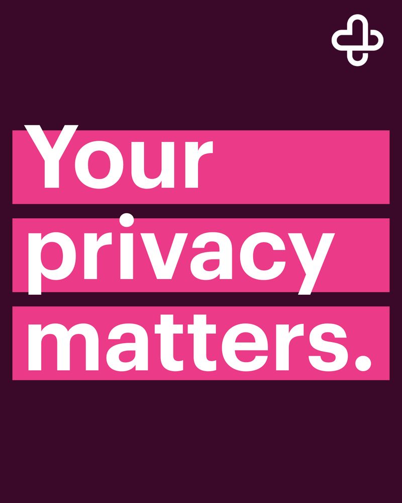 Text graphic with a dark maroon background and bold white text on pink bars that reads “Your privacy matters.” in three stacked lines. A small white carafem logo appears in the top right corner.