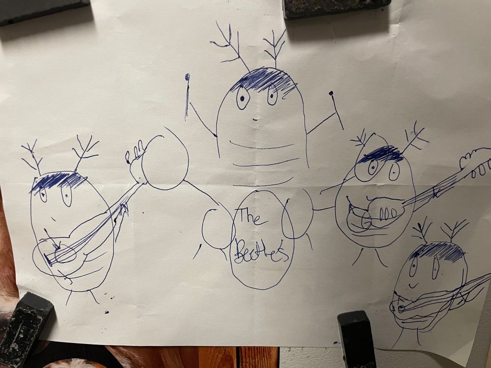 a group of 4 beetles playing two guitars, a bass, and drums, drawn as the band the beatles 