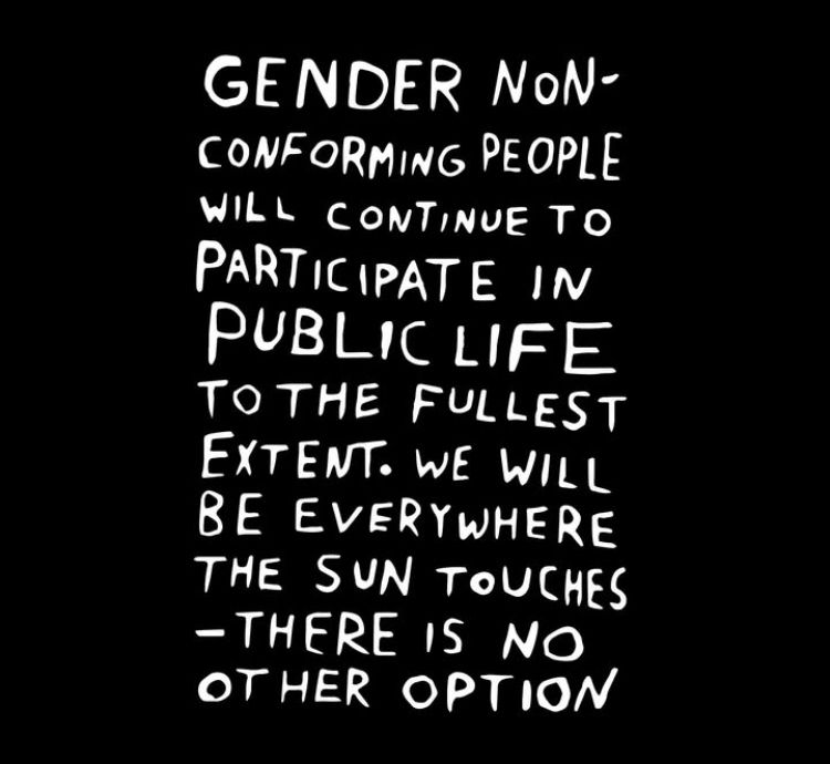 Text: gender non-conforming people will continue to participate in public life to the fullest extent. We will be everywhere the sun touches — there is no other option.
