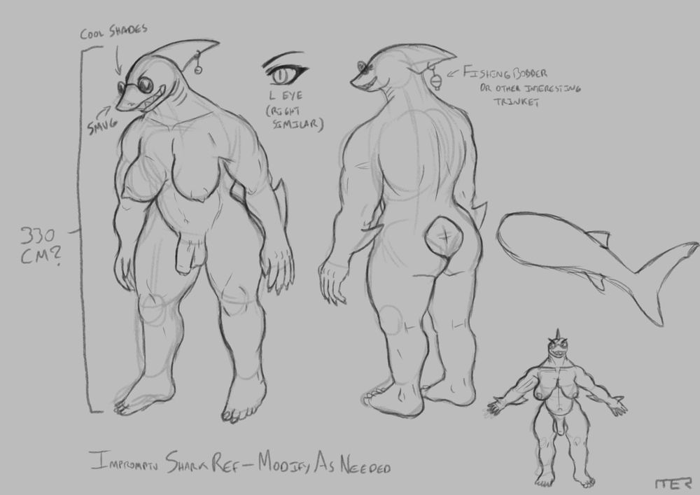 First ever image of the huge shark, Bernie, where she stands nude. Her muscles, breasts, and penis are all very large!