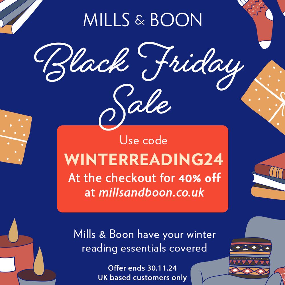 Graphic shows info of Mills & Boon 40% off code of WINTERREADING24