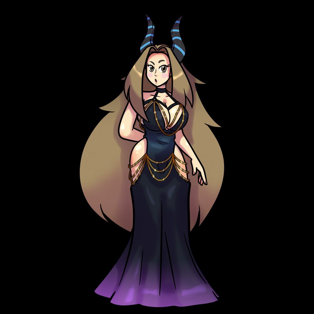 Art of my OC, MM, in a fancy dress (heavily inspired by a dress that made rounds on another social media site earlier this year). Art done by @yukigoomba.bsky.social.