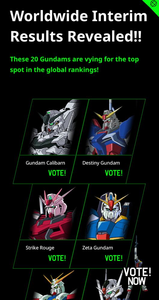 The interim results for the Gundam Election on the new official Gundam website have been revealed. The current top 20 are (unsure if this is in any particular order):

Calibarn, Destiny, Strike Rouge, Zeta, God, Aerial, Strike Freedom, mk. II (AEUG), Freedom, Destiny spec II, F91, Mighty Strike Freedom, RX-78, Wing Zero EW, Full Armor Unicorn Destroy Mode, G-Self, Nu, Turn A, Red Gundam, Barbie Loopy Rex.