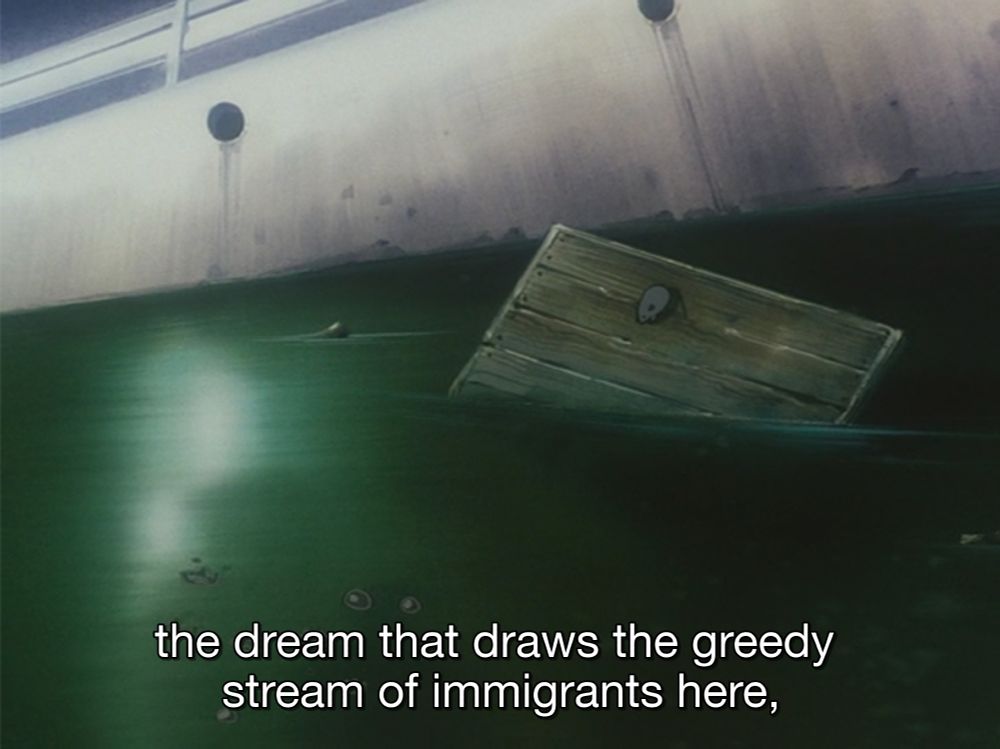 Evil blind guy: "the dream that draws the greedy stream of immigrants here".
