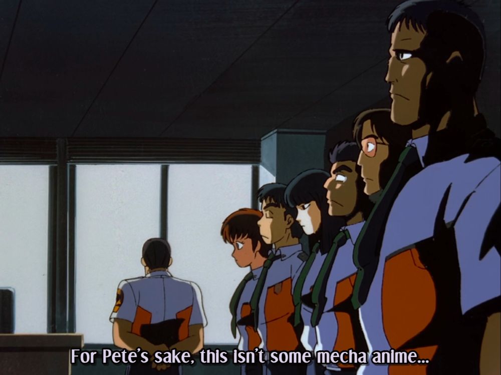 From Patlabor OVA. Police chief guy: "For Pete's sake. This isn't some mecha anime..."