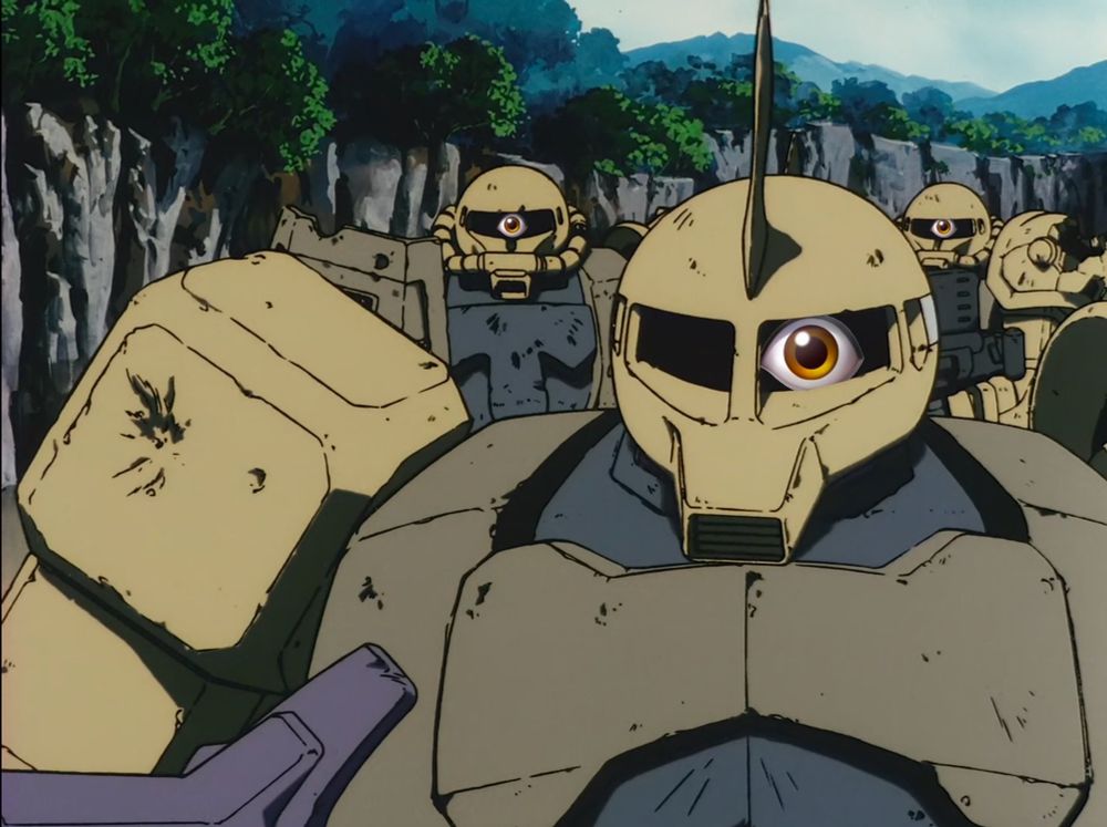 Three Zakus from Gundam the 08th MS Team but their monoeyes are replaced with 👁️ eye emojis.