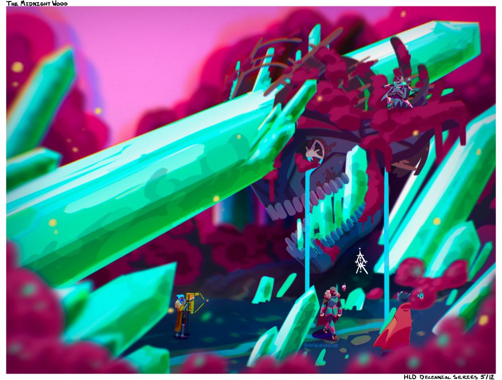 The Drifter, Altie, Guardian, and Librarian make their way through the resonant canyon, where the ruins of a fierce battle lay frozen in time. The corpse of the crying titan looms overhead, a massive crystal piercing its skull.