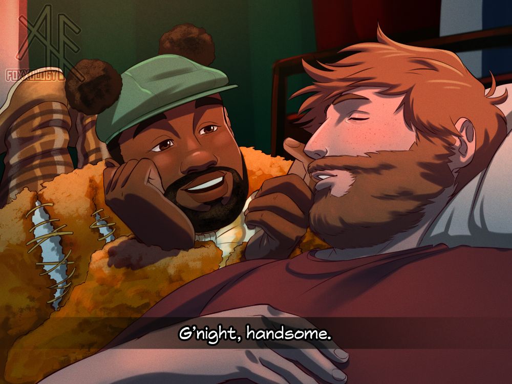 digital drawing of teddy from date everything cooing over the homeowner sona andy who is asleep. Teddy is saying "g'night handsome" while gently stroking andy's cheek.