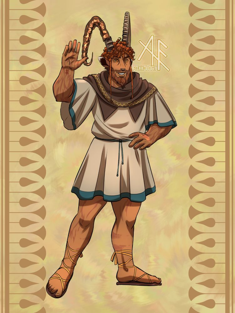 a full body art of a tan skinned man with tall curved horns similar to a nubian ibex. his right horn is covered in patina'd copper. he has coily red hair, ibex shaped ears, yellow goat shaped eyes and a scruffy beard. he is wearing a simple neck wrap over an egyptian style tunic and leather strap sandles. he has delicate looking burn scars along his arms and legs and a tattoo on his inner wrist of the number 55. He is standing infront of a solid colour sandy yellow background with a simple ruled pattern.
dokos is posed with a hand on his hip and the other hand waving at the audience.