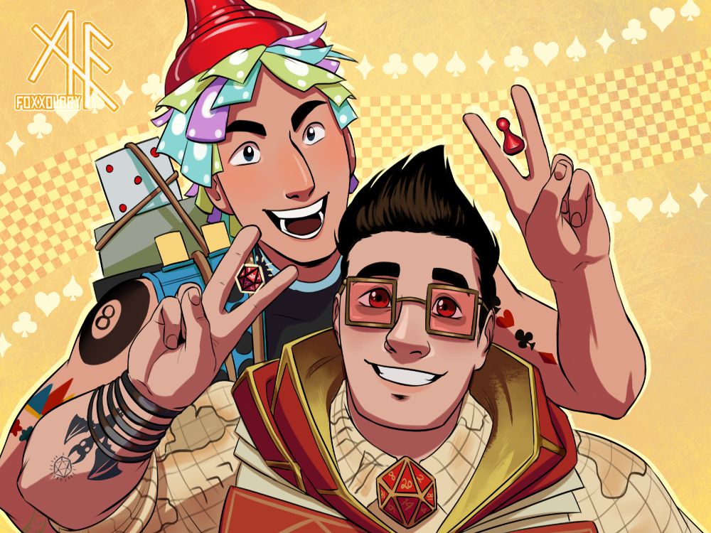 art of parker bradley and chance from the game Date Everything! They are each holding up peace signs (two finger Vs) and between their fingers they are holding up their own respective objects they embody, Chance holding a red d20 and Parker holding a red game pawn.