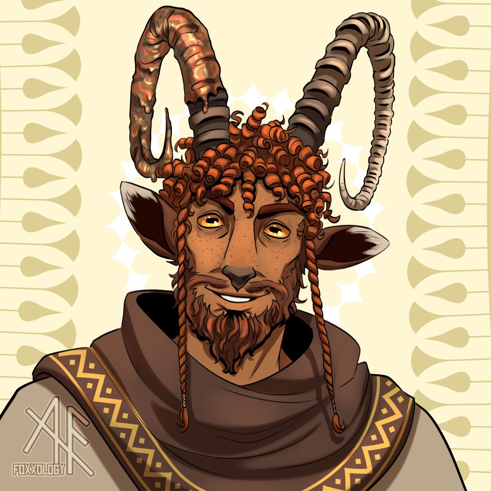 a headshot cropped art of a tan skinned man with tall curved horns similar to a nubian ibex. his right horn is covered in slightly weathered copper. he has coily red hair with two long braid twists starting at his temple, ibex shaped ears, yellow goat shaped eyes and a scruffy beard. He is smiling at the camera with a pleasant expression