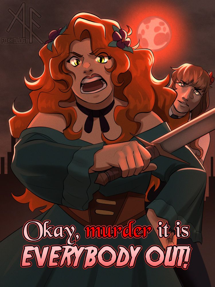fanart of zombiecleo from Vampire SMP with a sword in her hand, threatening the POV camera. She is standing infront of PearlescentMoon at night night with a red moon above head. They are yelling "Okay, murder it is Everybody Out!"