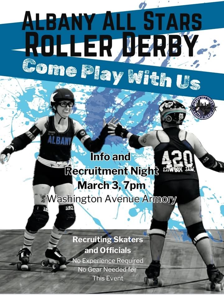A poster for a recruitment night featuring 2 skaters highfiving each other. The poster reads: "Info and recruitment night, March 3rd 7pm at the Washington Avenue Armory" 
