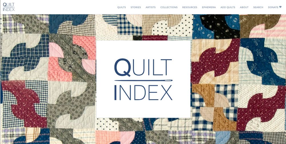 Screenshot of the Quilt Index website, featuring a quilt overlain with a text block featuring the site's title 