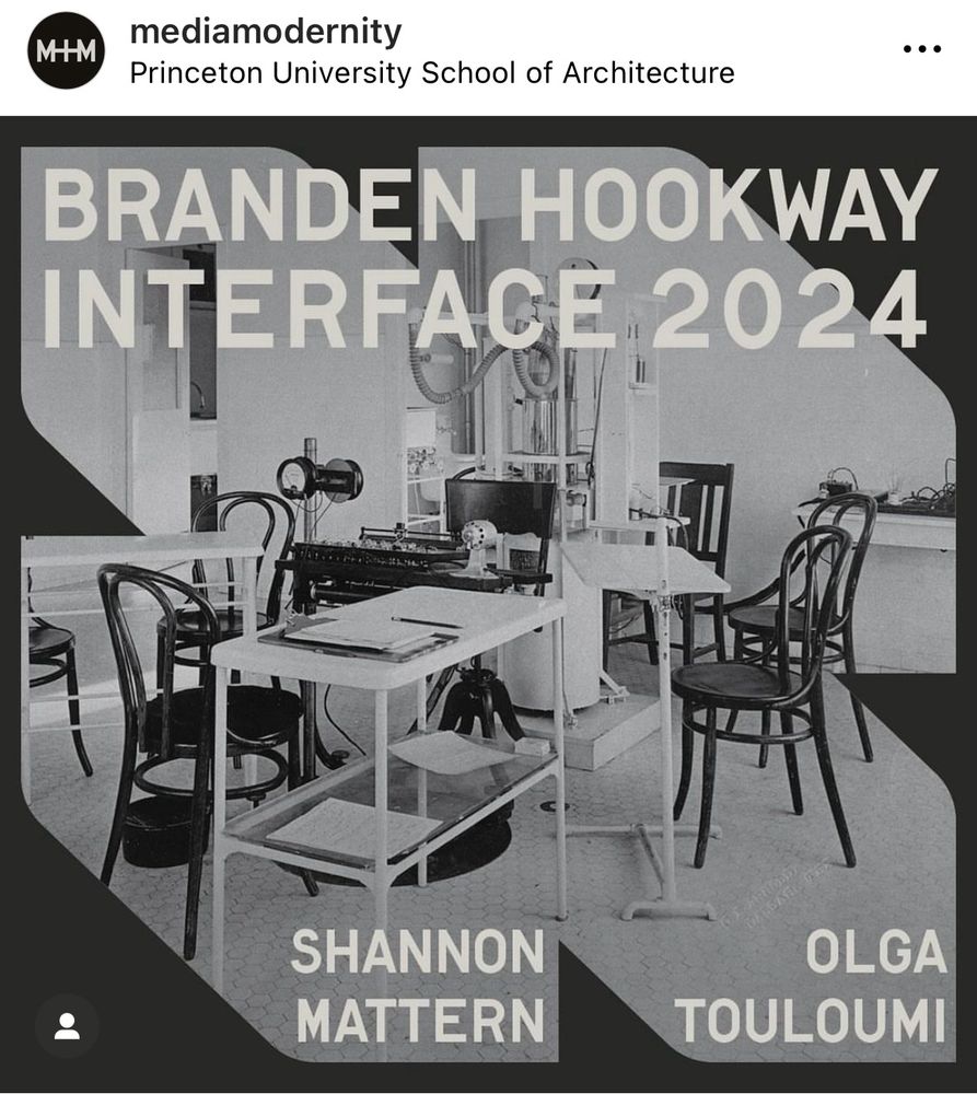 A black-and-white image showing multiple tables and chairs, with the title: Branden Hookway Interface 2024 / Shannon Mattern, Olga Touloumi