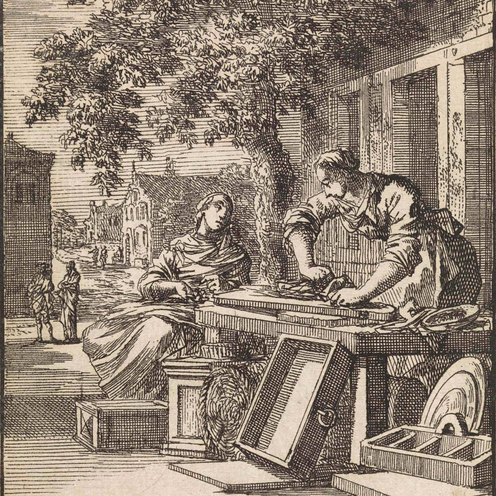 An etching showing a man sanding wood